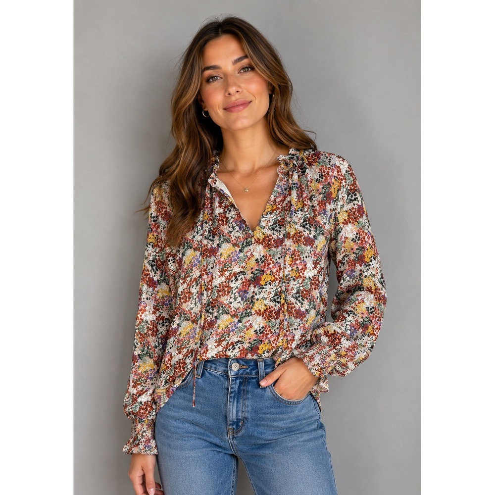 Entro Floral Abstract Dot Print Peasant Blouse Top NWT Small - Picture 1 of 9
